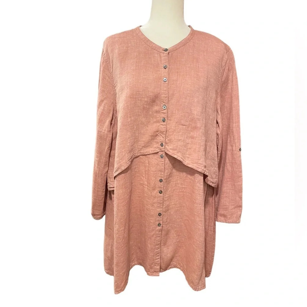 POETRY LINEN midi tunic vintage coral shirt dress size 14